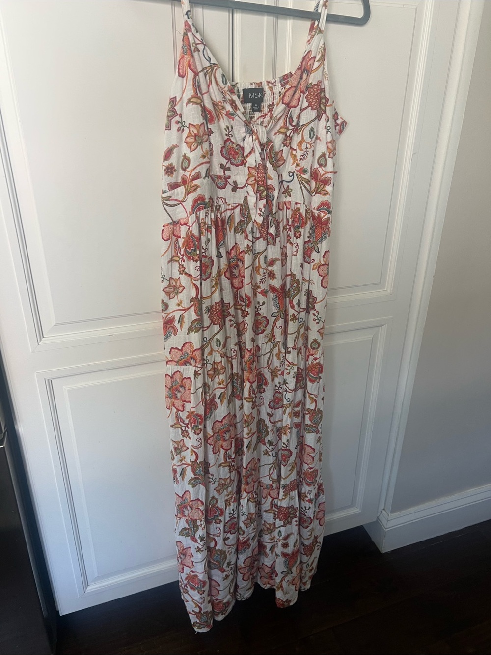 MSK White Maxi Dress with Coral and Green Floral Print